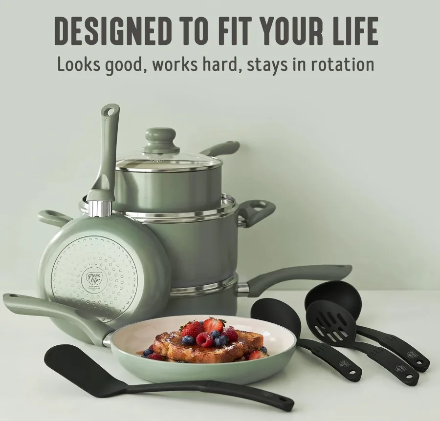 GreenLife 16 Piece Nonstick Pots & Pans Set (2026 Upgrade), Induction Compatible